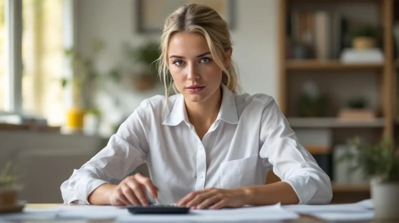 Mann sitzt am Schreibtisch und rechnet mit Taschenrechner und Notizblock