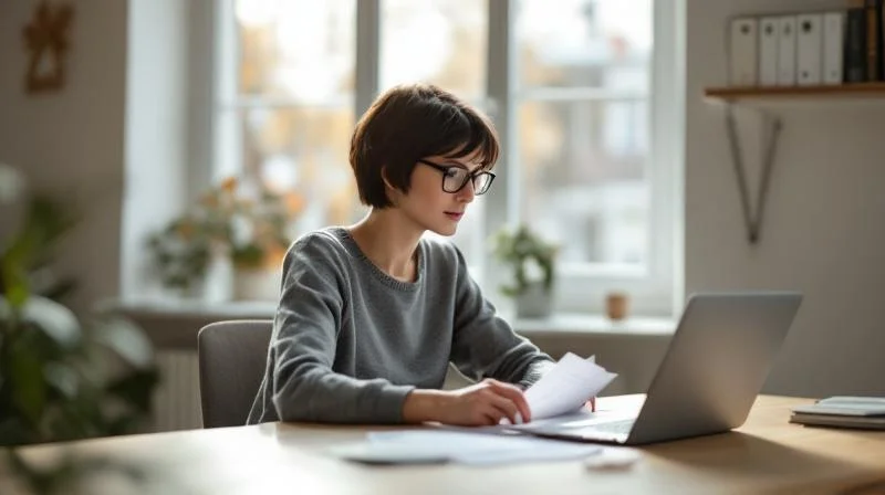 Frau sitzt in einem Berliner Altbau-Buero und fuellt Formulare am Laptop aus