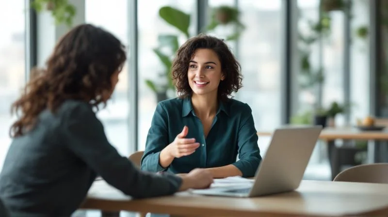 Zwei Personen besprechen etwas auf einem Laptop in einem modernen Berliner Buero
