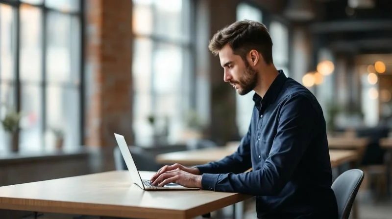 Mann sitzt konzentriert am Laptop in einem Berliner Coworking-Space und arbeitet an seiner Weiterbildung