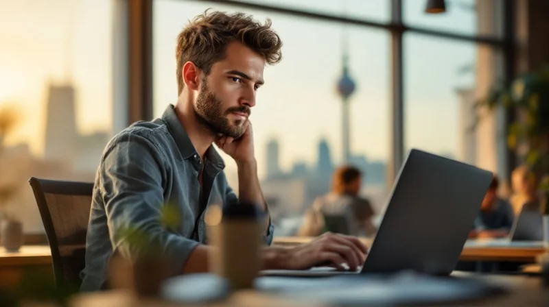 Berliner Angestellter in Coworking-Space am Laptop, im Hintergrund das Brandenburger Tor