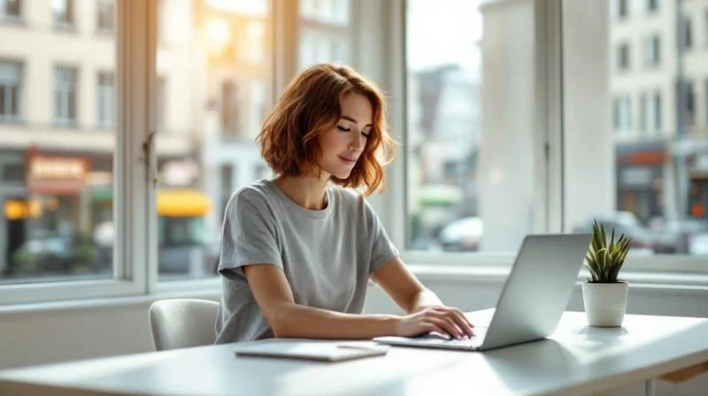 Frau arbeitet konzentriert am Laptop in einem Berliner Coworking Space