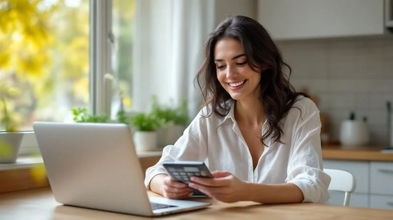 Frau rechnet am Schreibtisch mit Taschenrechner und Laptop in einer Berliner Wohnung
