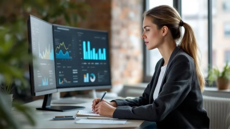 Quereinsteiger in Berlin arbeitet konzentriert an einem Laptop mit Datenanalyse-Dashboard