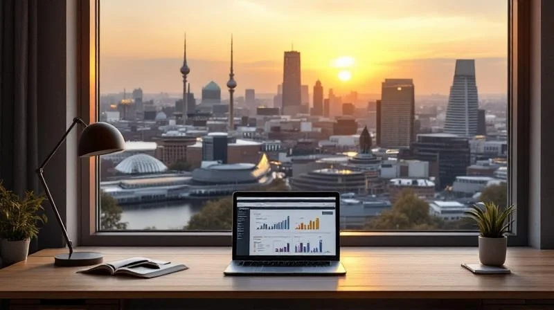 Berliner Skyline mit modernem Buerogebaeude und Laptop auf dem Schreibtisch