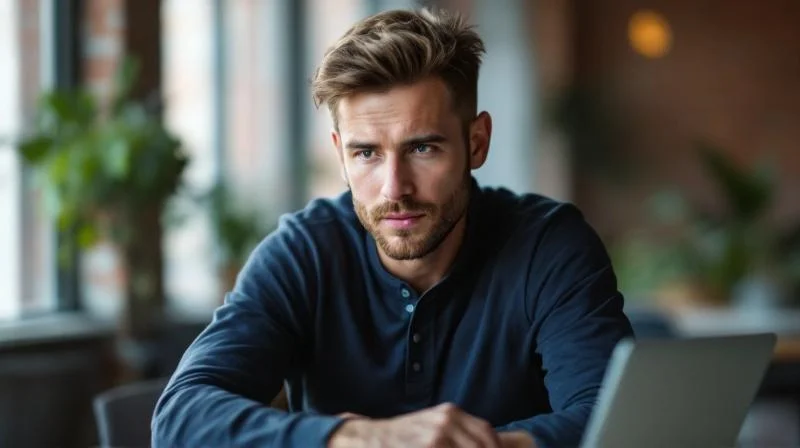 Mann arbeitet konzentriert am Laptop in einem modernen Berliner Coworking-Space
