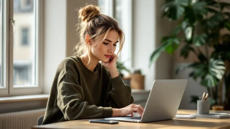 Frau lernt am Laptop in einer hellen Berliner Altbauwohnung mit Blick auf Hausfassaden