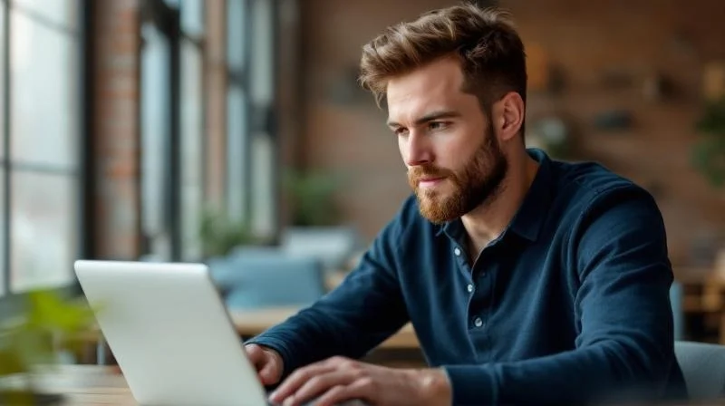 Mann arbeitet konzentriert am Laptop in einem modernen Berliner Co-Working-Space